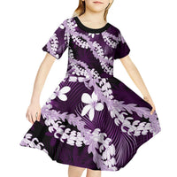Puakenikeni Maile Lei Kid Short Sleeve Dress Frangipani Purple Tropical Leaves