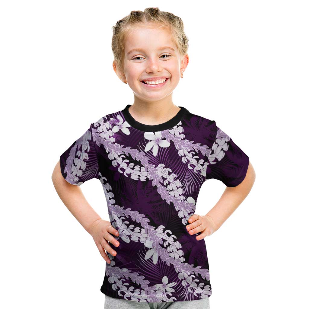 Puakenikeni Maile Lei Kid T Shirt Frangipani Purple Tropical Leaves