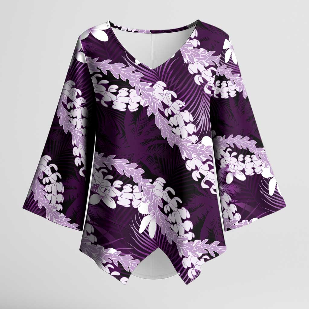 Puakenikeni Maile Lei Kimono Sleeve Blouse Frangipani Purple Tropical Leaves