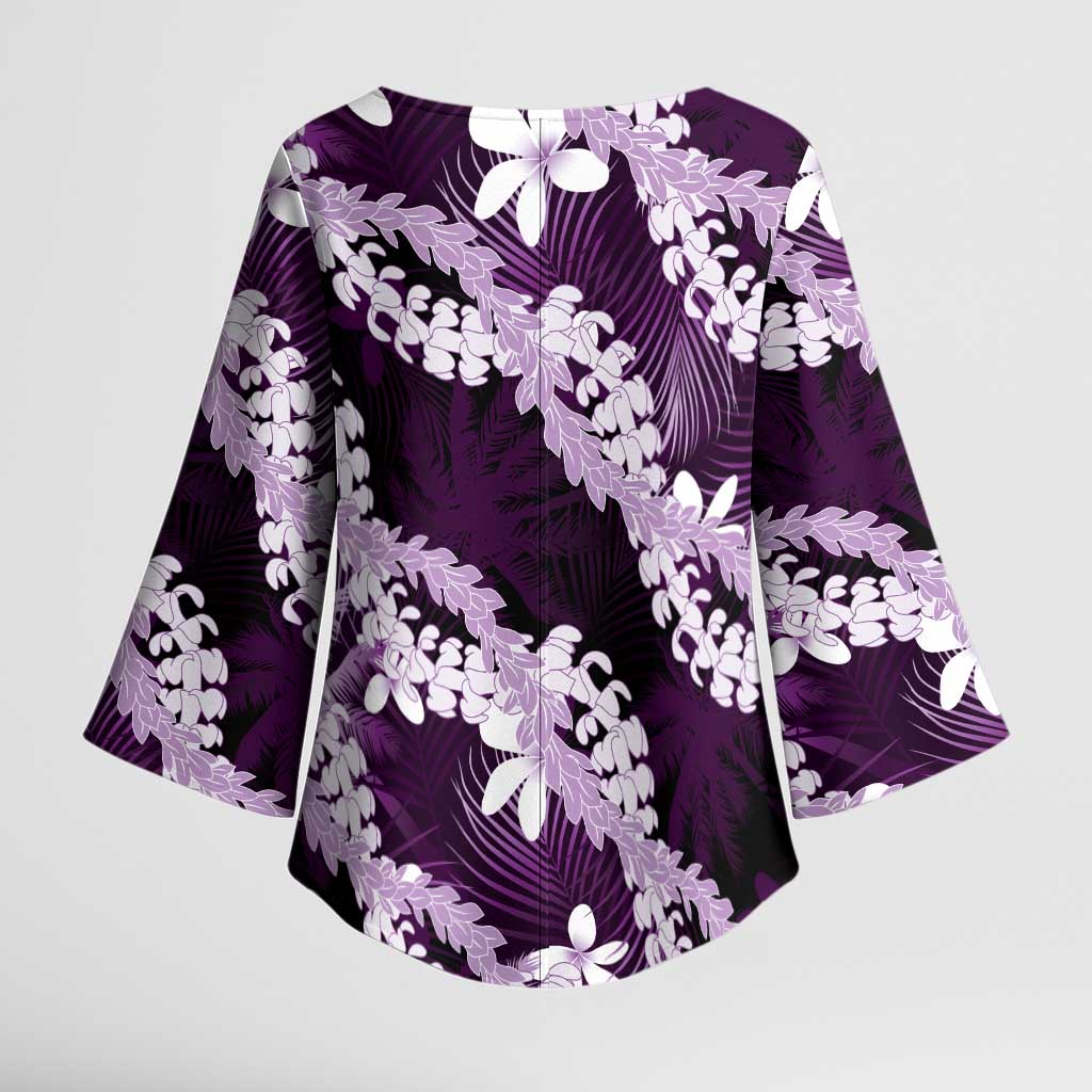 Puakenikeni Maile Lei Kimono Sleeve Blouse Frangipani Purple Tropical Leaves