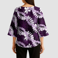 Puakenikeni Maile Lei Kimono Sleeve Blouse Frangipani Purple Tropical Leaves