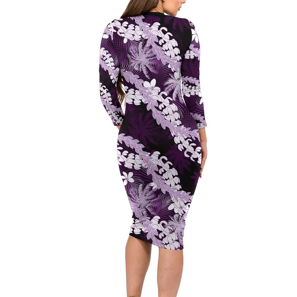 Puakenikeni Maile Lei Long Sleeve Bodycon Dress Frangipani Purple Tropical Leaves