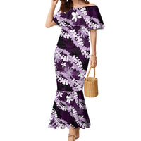 Puakenikeni Maile Lei Mermaid Dress Frangipani Purple Tropical Leaves