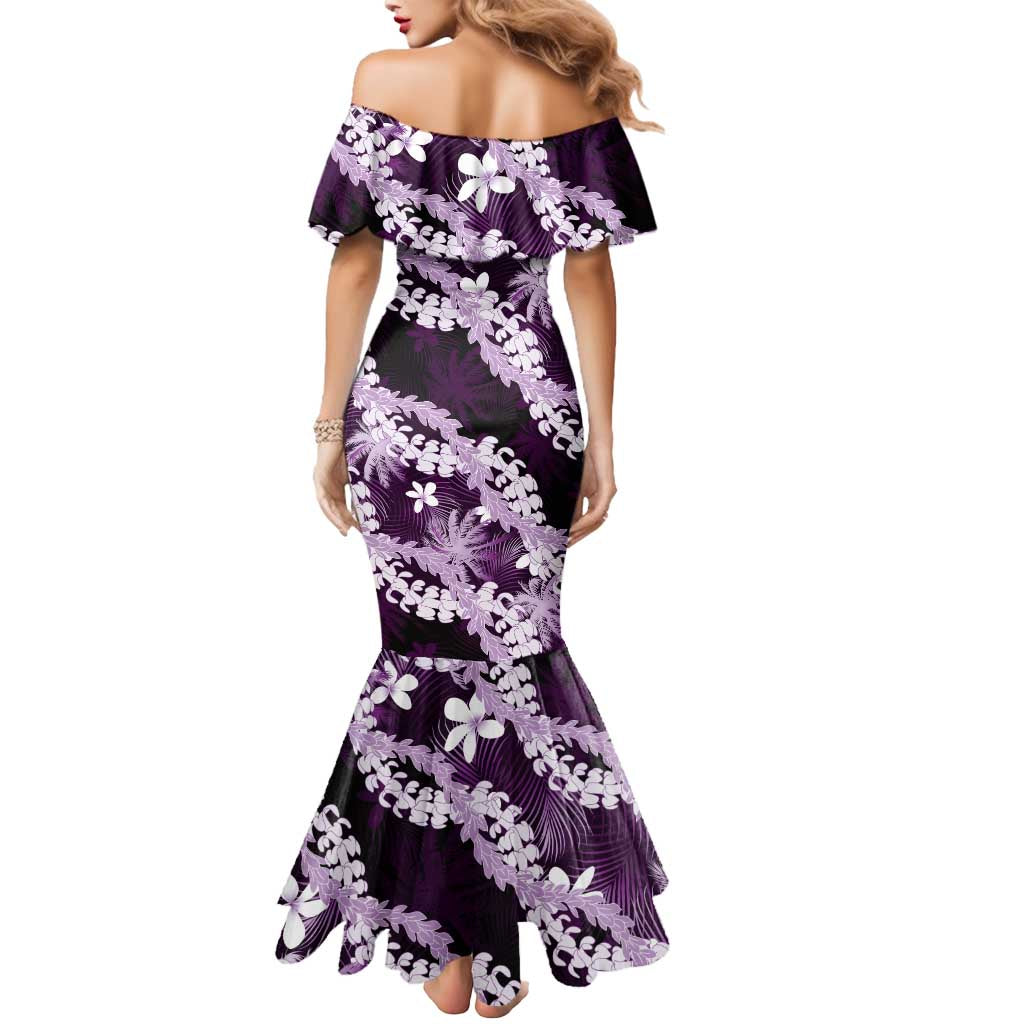 Puakenikeni Maile Lei Mermaid Dress Frangipani Purple Tropical Leaves