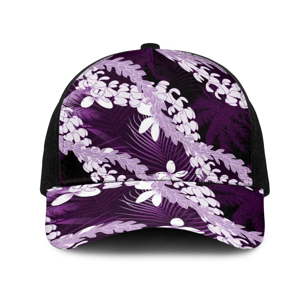 Puakenikeni Maile Lei Mesh Trucker Cap Frangipani Purple Tropical Leaves