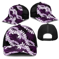 Puakenikeni Maile Lei Mesh Trucker Cap Frangipani Purple Tropical Leaves