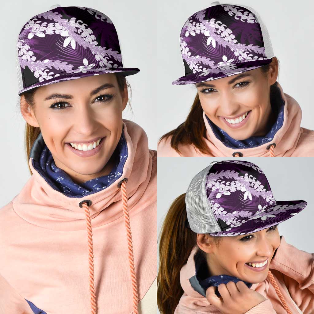Puakenikeni Maile Lei Mesh Trucker Cap Frangipani Purple Tropical Leaves