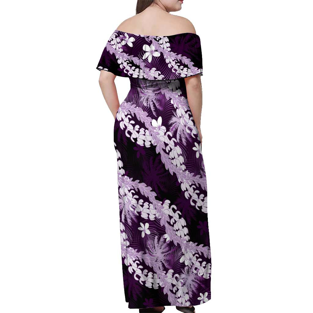 Puakenikeni Maile Lei Off Shoulder Maxi Dress Frangipani Purple Tropical Leaves