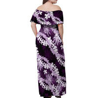 Puakenikeni Maile Lei Off Shoulder Maxi Dress Frangipani Purple Tropical Leaves
