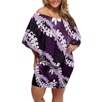 Puakenikeni Maile Lei Off Shoulder Short Dress Frangipani Purple Tropical Leaves