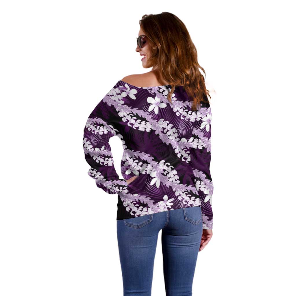 Puakenikeni Maile Lei Off Shoulder Sweater Frangipani Purple Tropical Leaves