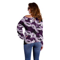 Puakenikeni Maile Lei Off Shoulder Sweater Frangipani Purple Tropical Leaves