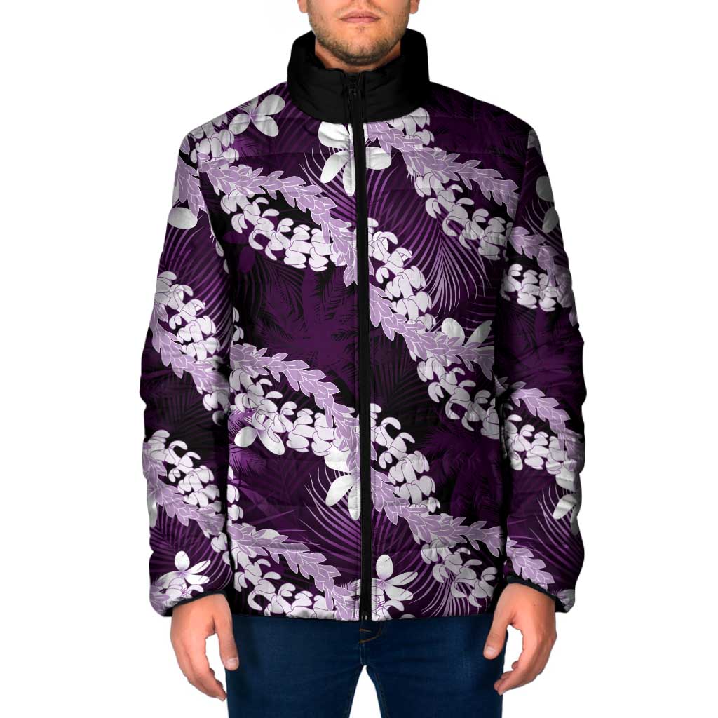 Puakenikeni Maile Lei Padded Jacket Frangipani Purple Tropical Leaves