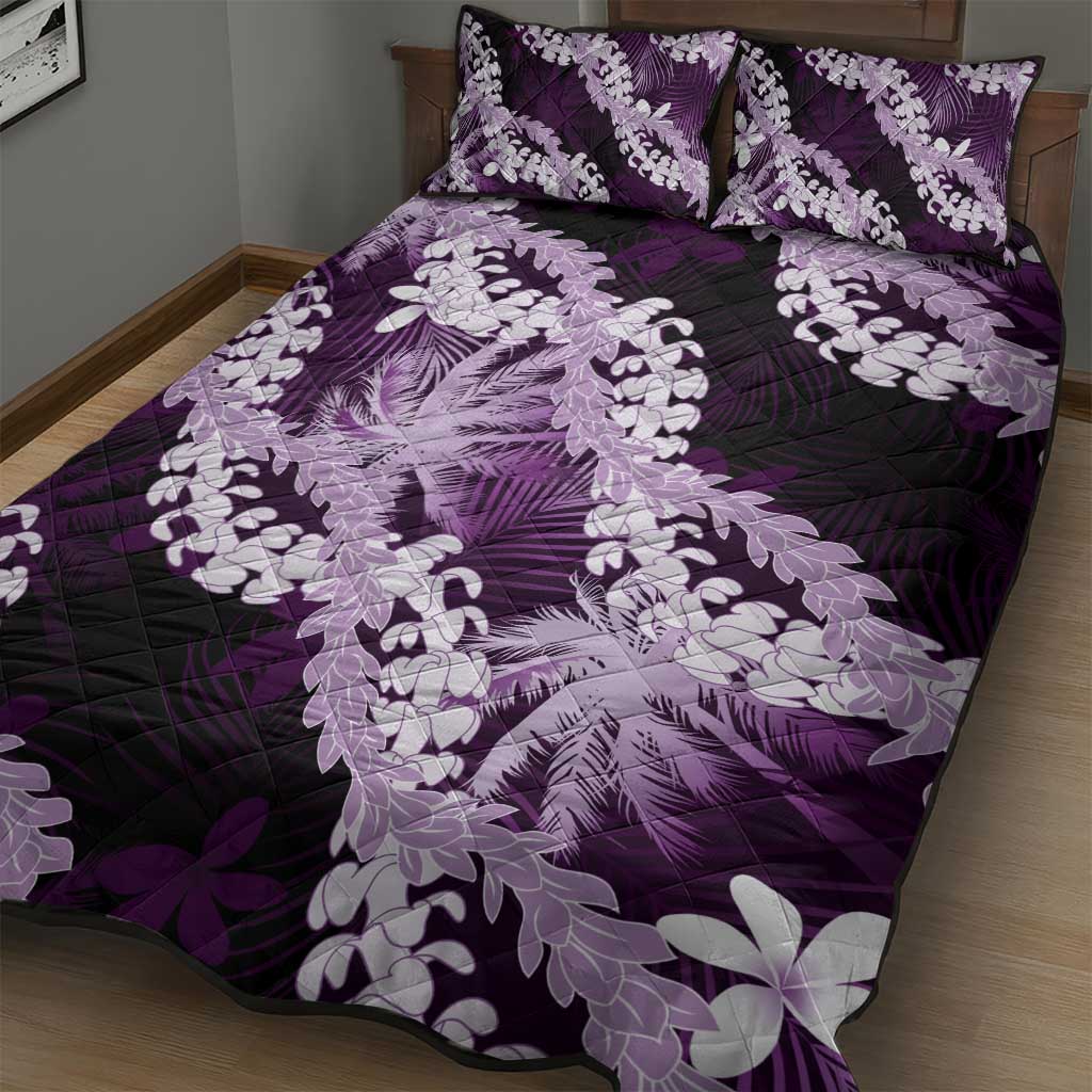 Puakenikeni Maile Lei Quilt Bed Set Frangipani Purple Tropical Leaves