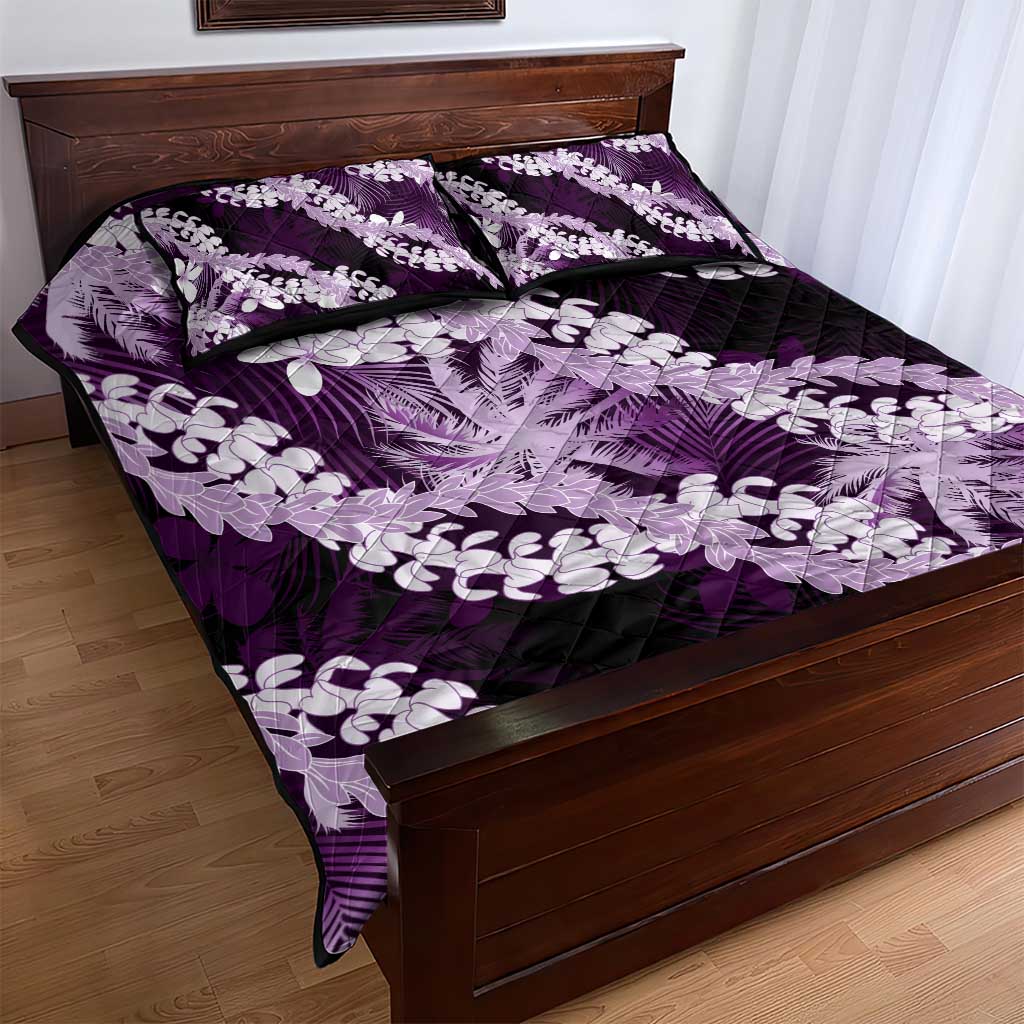 Puakenikeni Maile Lei Quilt Bed Set Frangipani Purple Tropical Leaves