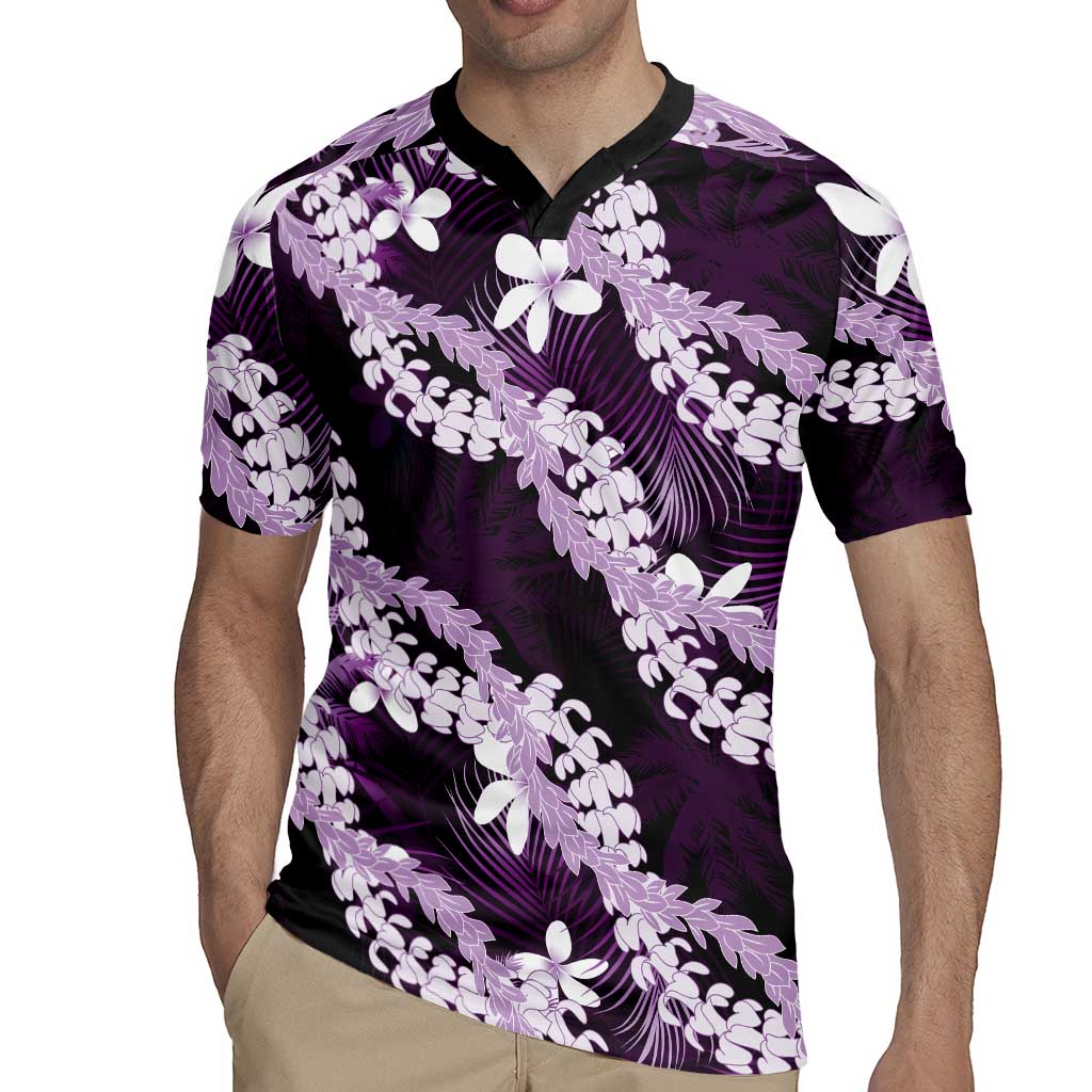 Puakenikeni Maile Lei Rugby Jersey Frangipani Purple Tropical Leaves
