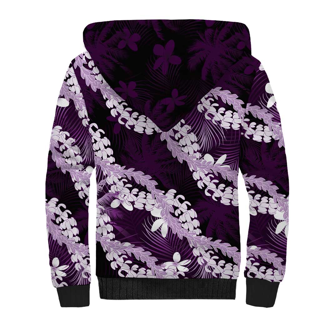 Puakenikeni Maile Lei Sherpa Hoodie Frangipani Purple Tropical Leaves