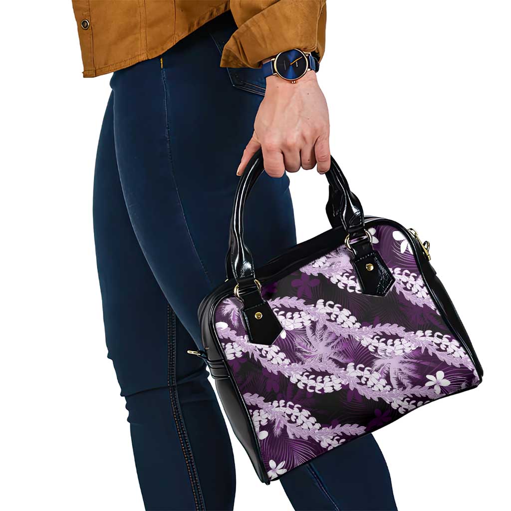 Puakenikeni Maile Lei Shoulder Handbag Frangipani Purple Tropical Leaves