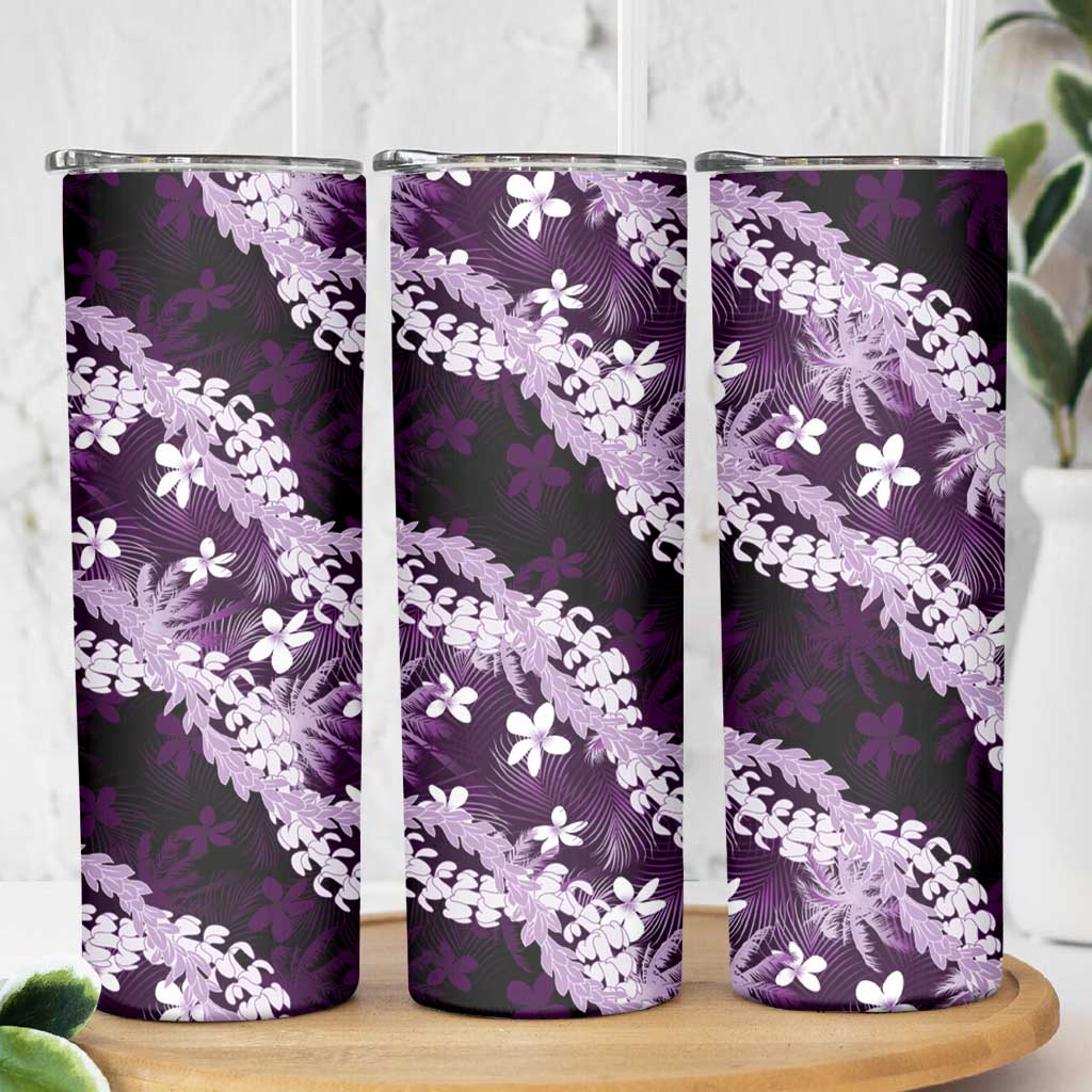 Puakenikeni Maile Lei Skinny Tumbler Frangipani Purple Tropical Leaves LT01 - Polynesian Pride