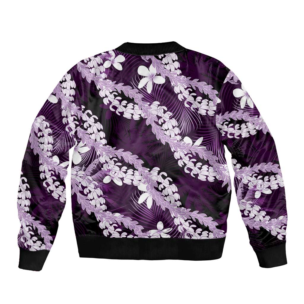 Puakenikeni Maile Lei Sleeve Zip Bomber Jacket Frangipani Purple Tropical Leaves