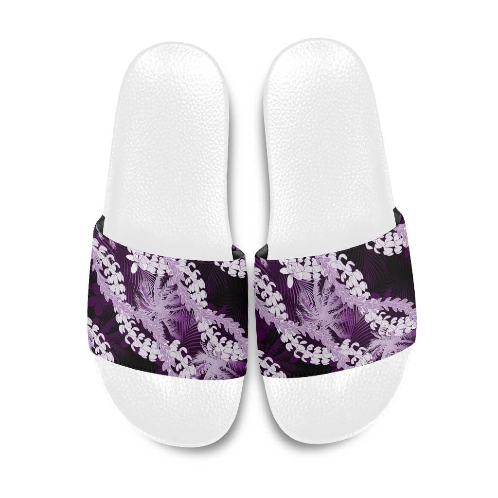 Puakenikeni Maile Lei Slide Sandals Frangipani Purple Tropical Leaves
