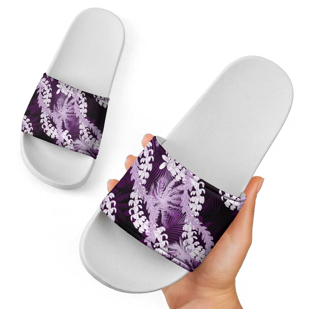 Puakenikeni Maile Lei Slide Sandals Frangipani Purple Tropical Leaves