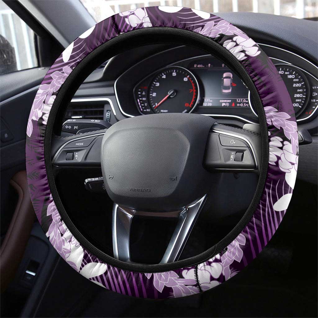 Puakenikeni Maile Lei Steering Wheel Cover Frangipani Purple Tropical Leaves
