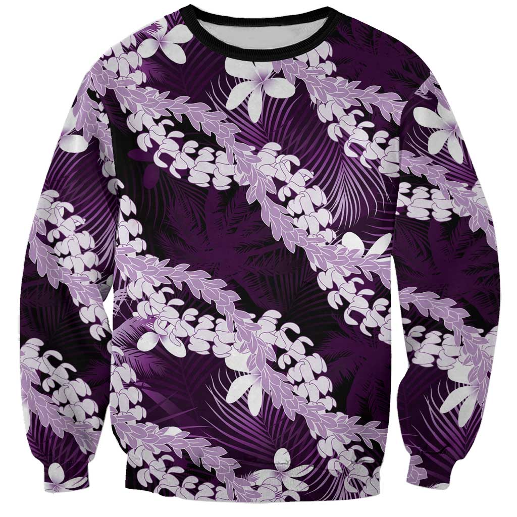 Puakenikeni Maile Lei Sweatshirt Frangipani Purple Tropical Leaves