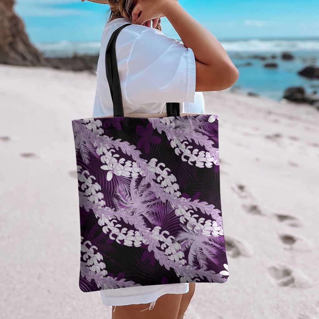 Puakenikeni Maile Lei Tote Bag Frangipani Purple Tropical Leaves