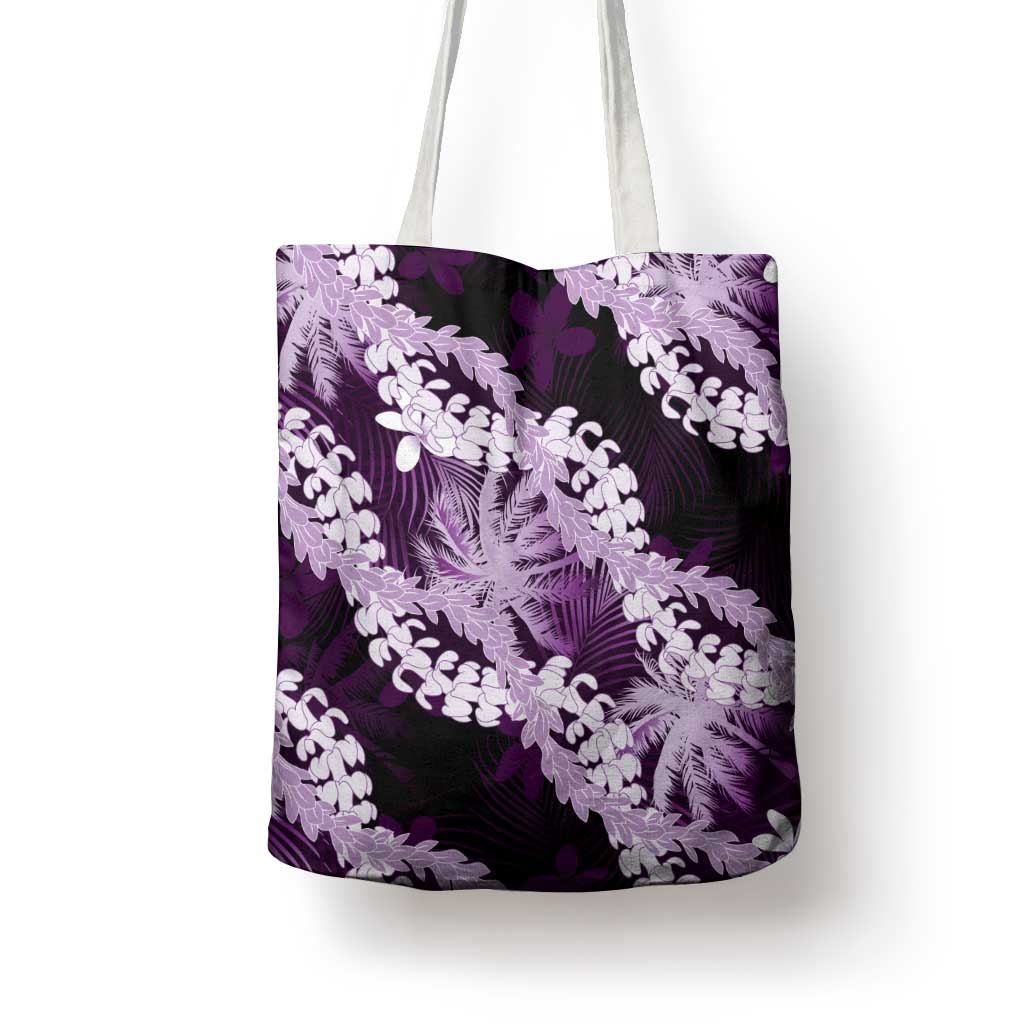 Puakenikeni Maile Lei Tote Bag Frangipani Purple Tropical Leaves