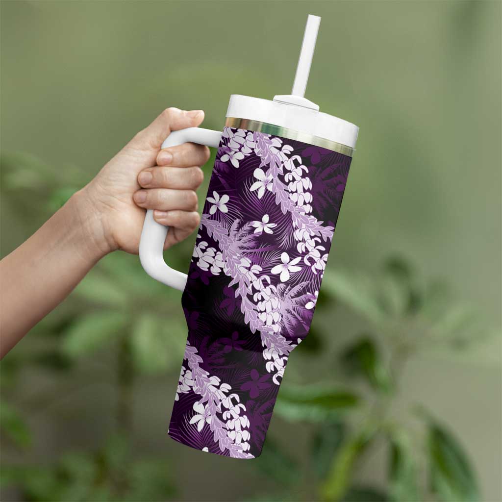 Puakenikeni Maile Lei Tumbler With Handle Frangipani Purple Tropical Leaves
