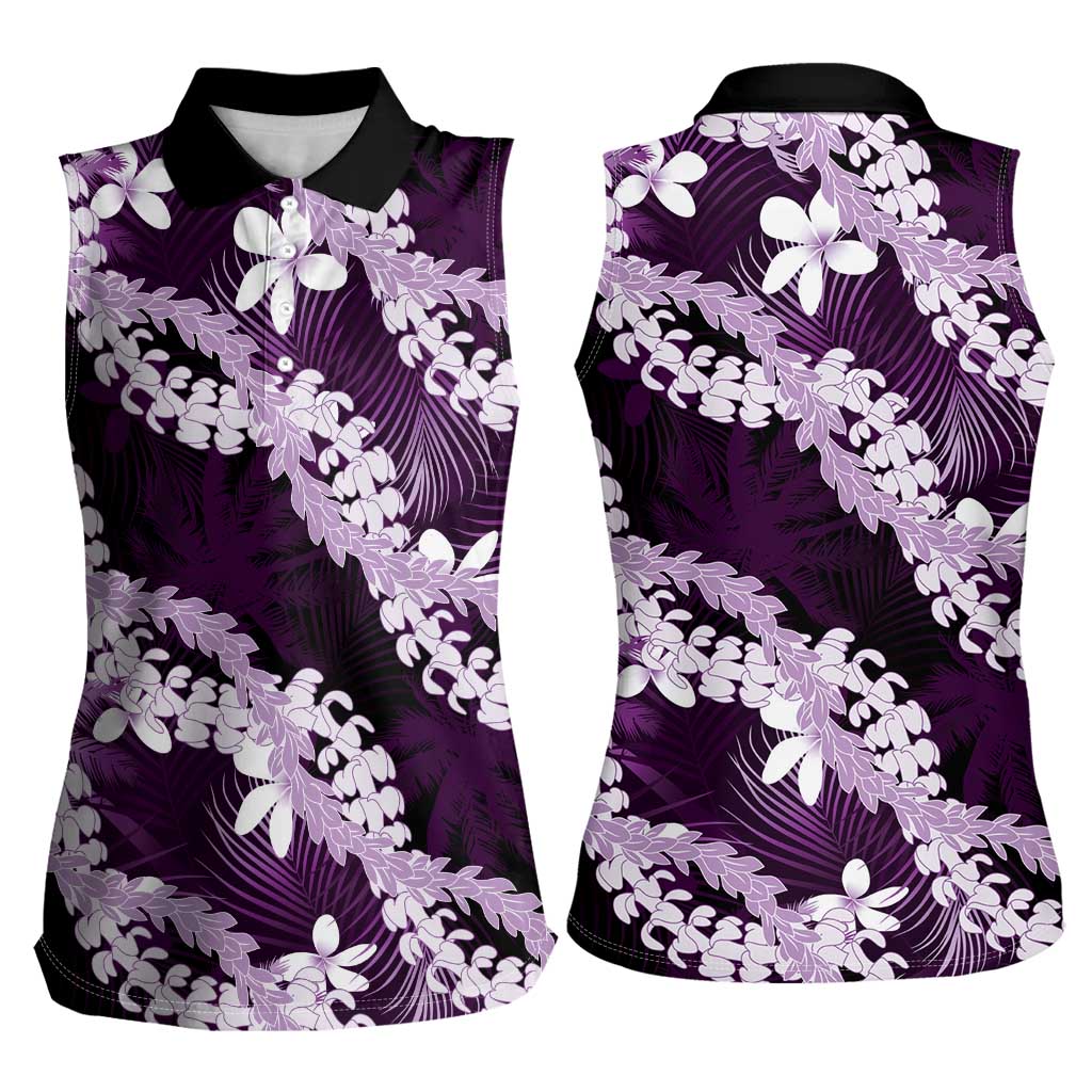 Puakenikeni Maile Lei Women Sleeveless Polo Shirt Frangipani Purple Tropical Leaves LT01 - Polynesian Pride