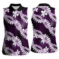 Puakenikeni Maile Lei Women Sleeveless Polo Shirt Frangipani Purple Tropical Leaves LT01 - Polynesian Pride