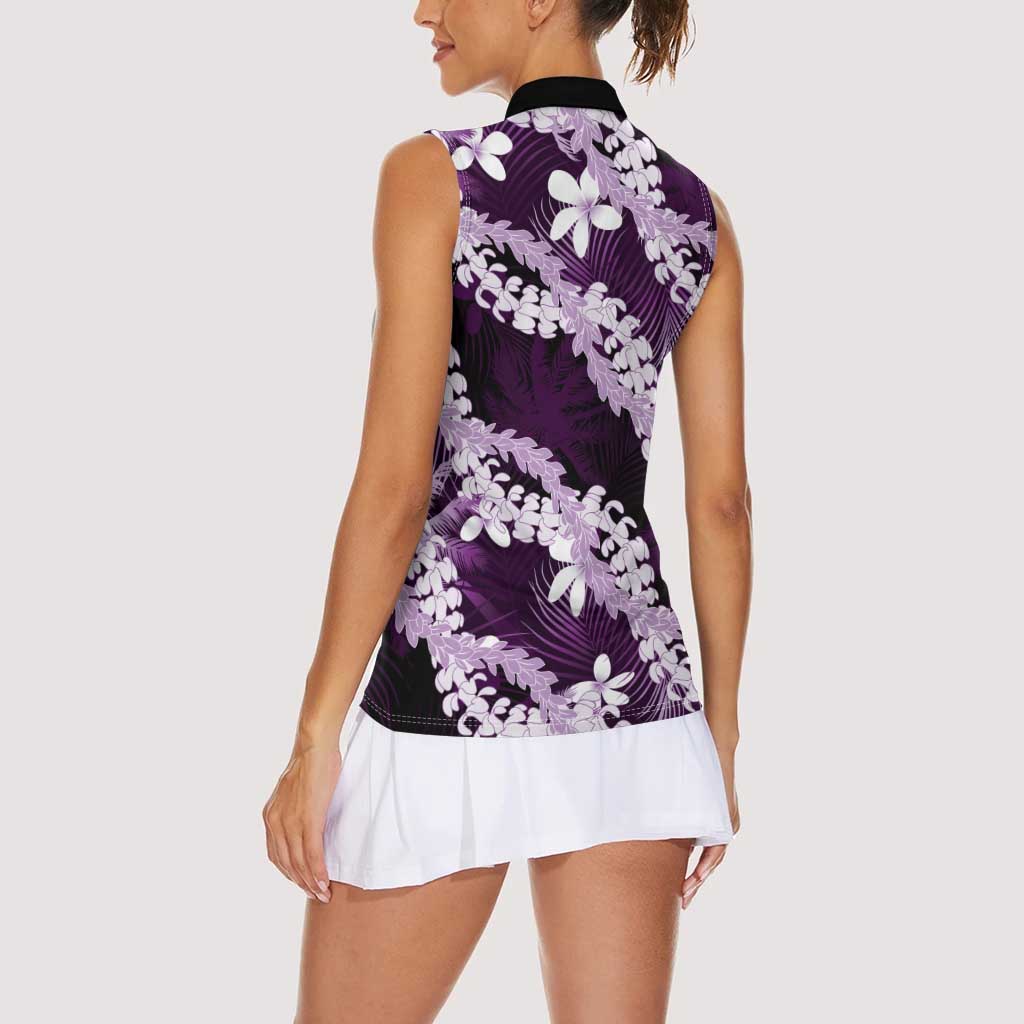 Puakenikeni Maile Lei Women Sleeveless Polo Shirt Frangipani Purple Tropical Leaves LT01 - Polynesian Pride