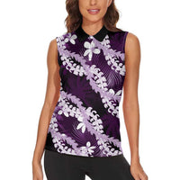 Puakenikeni Maile Lei Women Sleeveless Polo Shirt Frangipani Purple Tropical Leaves LT01 - Polynesian Pride