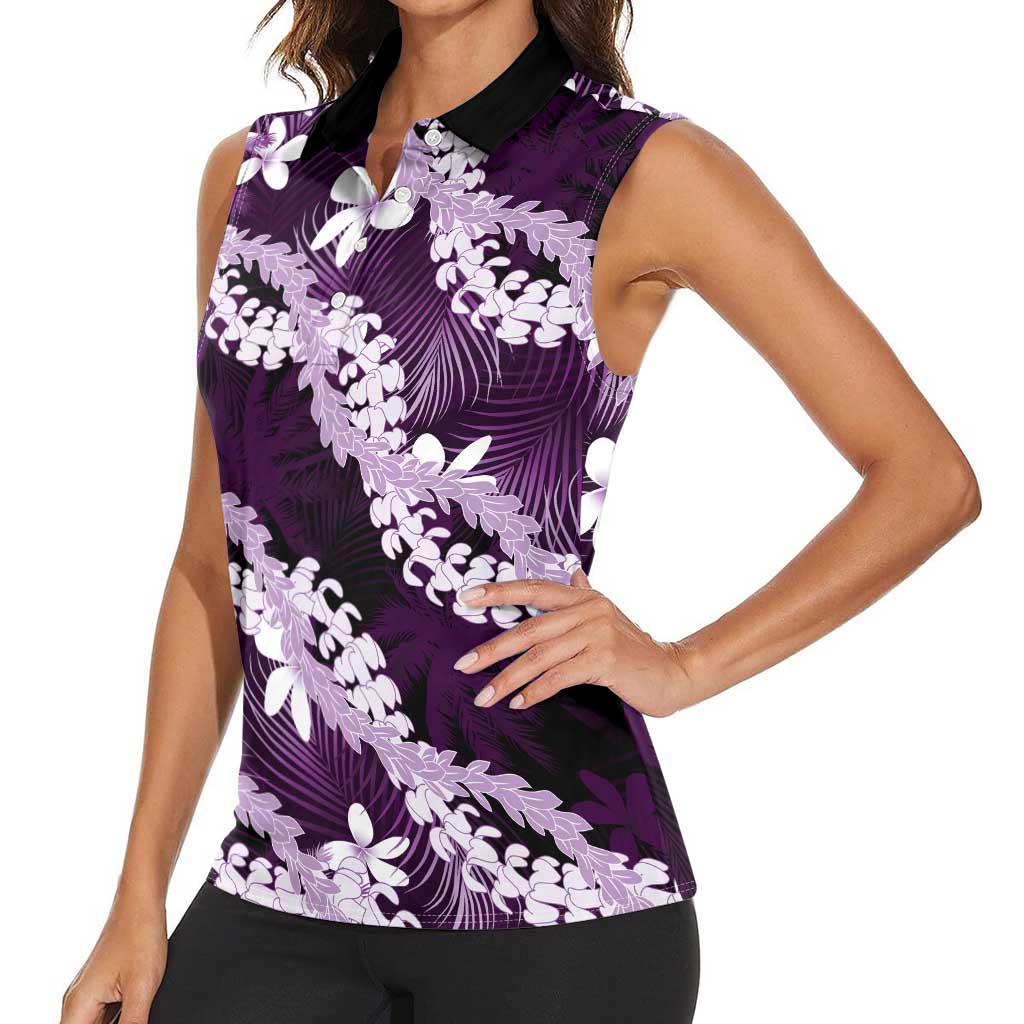Puakenikeni Maile Lei Women Sleeveless Polo Shirt Frangipani Purple Tropical Leaves LT01 - Polynesian Pride