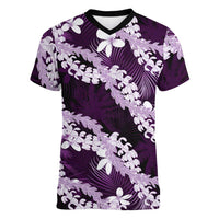 Puakenikeni Maile Lei Women V-Neck T-Shirt Frangipani Purple Tropical Leaves LT01 Female Purple - Polynesian Pride