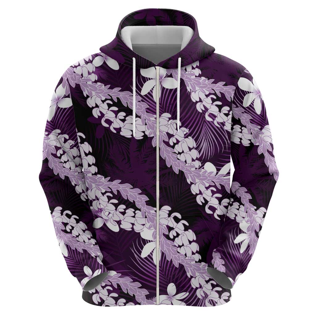 Puakenikeni Maile Lei Zip Hoodie Frangipani Purple Tropical Leaves