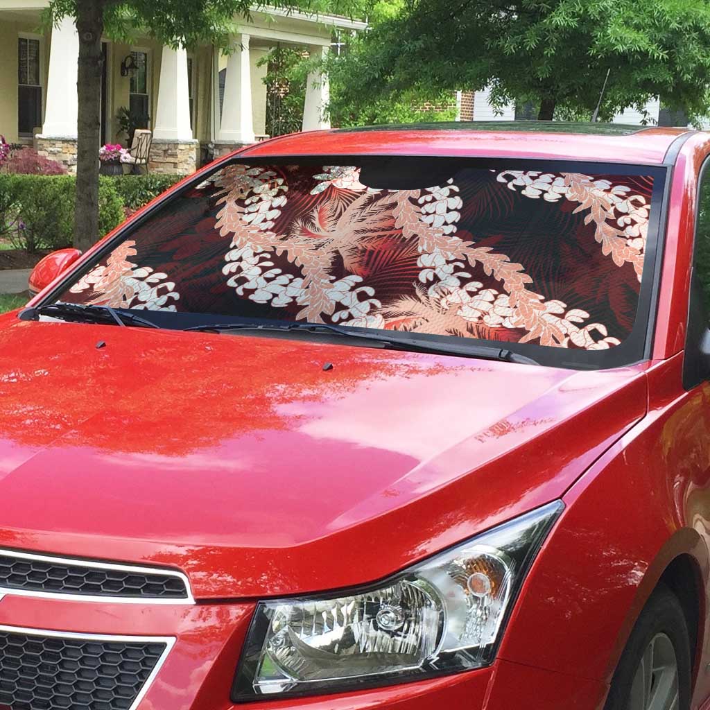 Puakenikeni Maile Lei Auto Sun Shade Frangipani Red Tropical Leaves