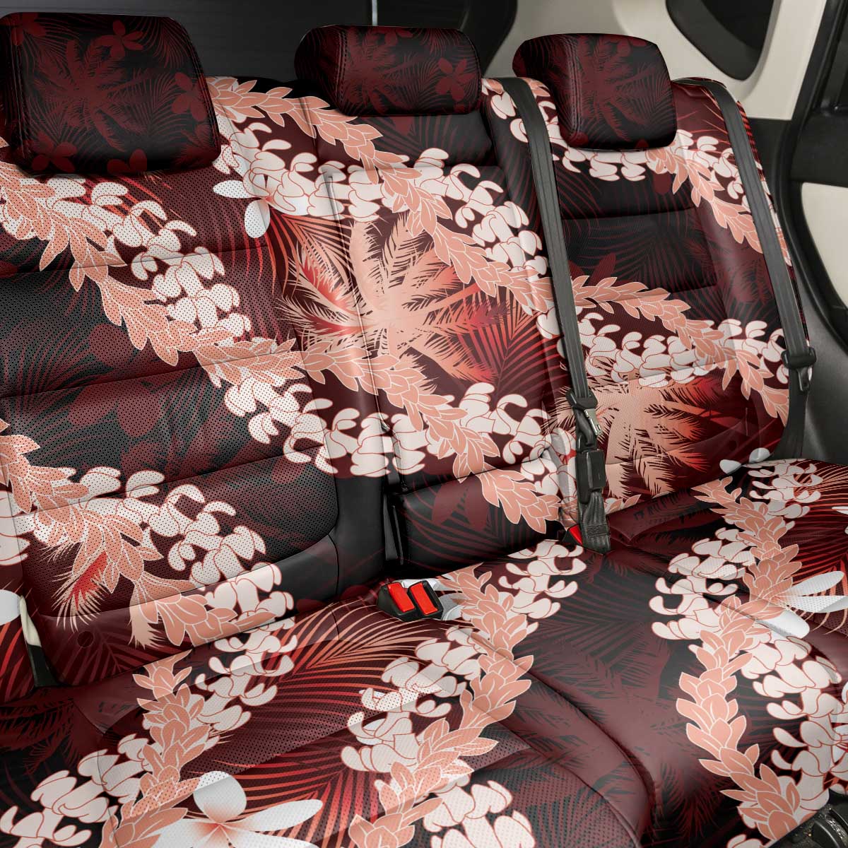 Puakenikeni Maile Lei Back Car Seat Cover Frangipani Red Tropical Leaves