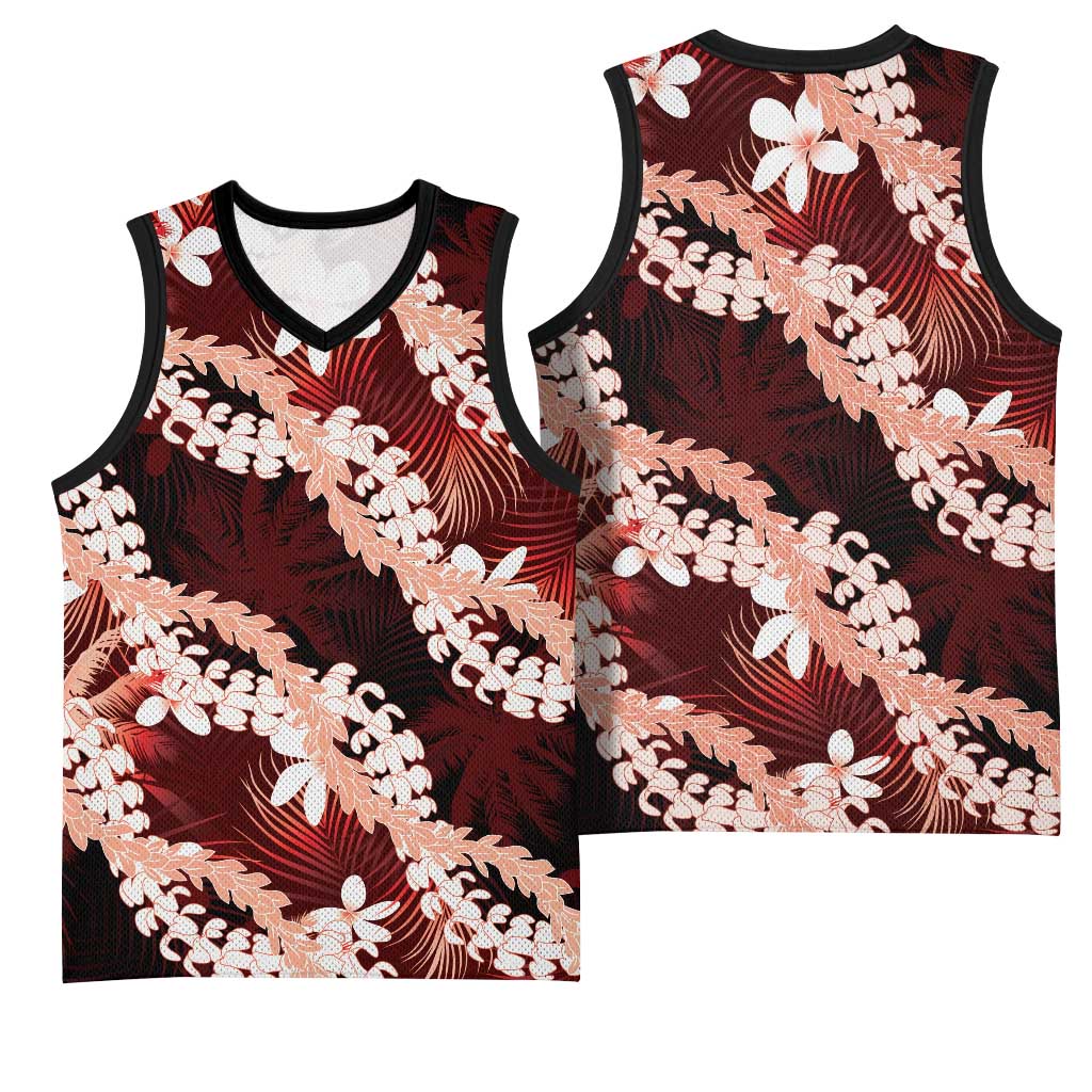 Puakenikeni Maile Lei Basketball Jersey Frangipani Red Tropical Leaves