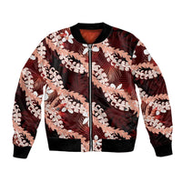 Puakenikeni Maile Lei Bomber Jacket Frangipani Red Tropical Leaves