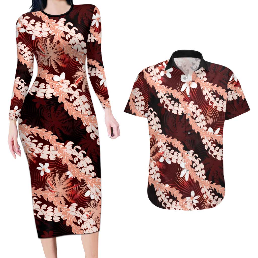 Puakenikeni Maile Lei Couples Matching Long Sleeve Bodycon Dress and Hawaiian Shirt Frangipani Red Tropical Leaves LT01 Red - Polynesian Pride