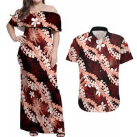 Puakenikeni Maile Lei Couples Matching Off Shoulder Maxi Dress and Hawaiian Shirt Frangipani Red Tropical Leaves LT01 Red - Polynesian Pride