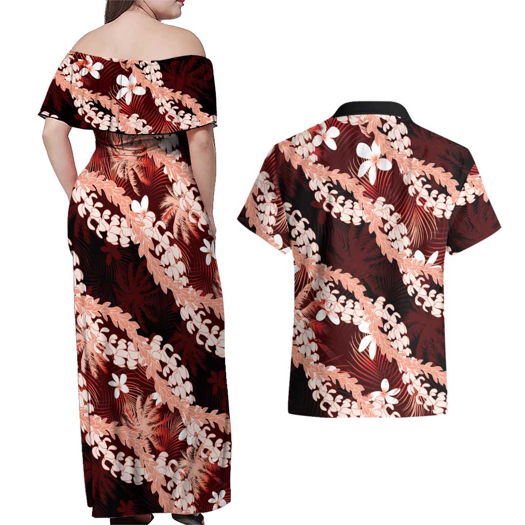 Puakenikeni Maile Lei Couples Matching Off Shoulder Maxi Dress and Hawaiian Shirt Frangipani Red Tropical Leaves LT01 - Polynesian Pride