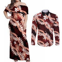 Puakenikeni Maile Lei Couples Matching Off Shoulder Maxi Dress and Long Sleeve Button Shirt Frangipani Red Tropical Leaves