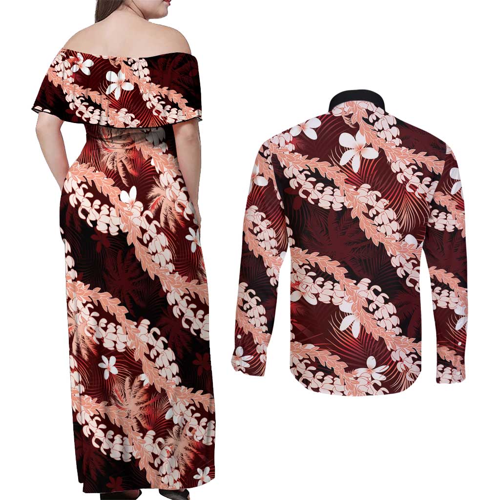 Puakenikeni Maile Lei Couples Matching Off Shoulder Maxi Dress and Long Sleeve Button Shirt Frangipani Red Tropical Leaves