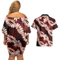 Puakenikeni Maile Lei Couples Matching Off Shoulder Short Dress and Hawaiian Shirt Frangipani Red Tropical Leaves LT01 - Polynesian Pride