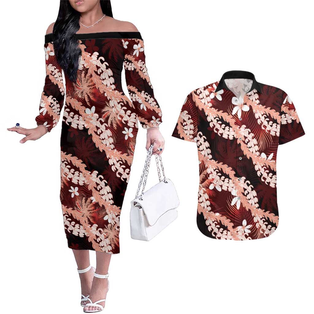 Puakenikeni Maile Lei Couples Matching Off The Shoulder Long Sleeve Dress and Hawaiian Shirt Frangipani Red Tropical Leaves