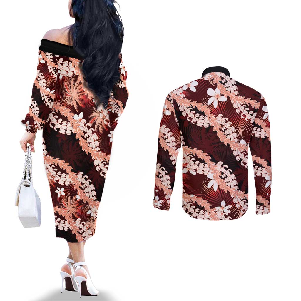 Puakenikeni Maile Lei Couples Matching Off The Shoulder Long Sleeve Dress and Long Sleeve Button Shirt Frangipani Red Tropical Leaves LT01 - Polynesian Pride